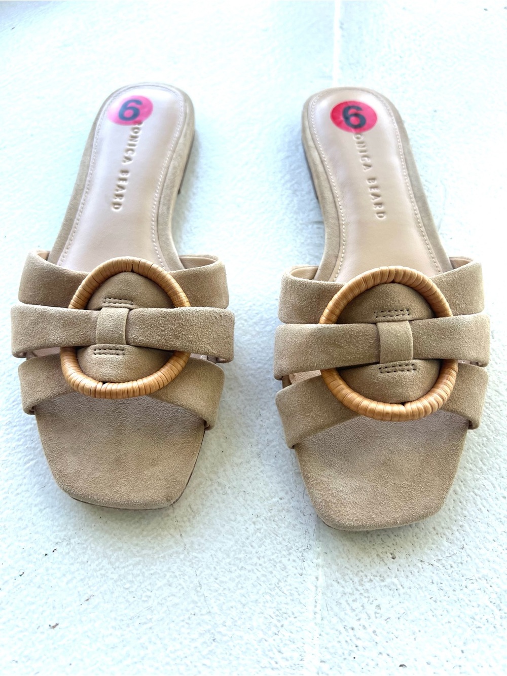 Brand New - Veronica Beard Tan Suede Slide Sandals with Woven Ring Detail.